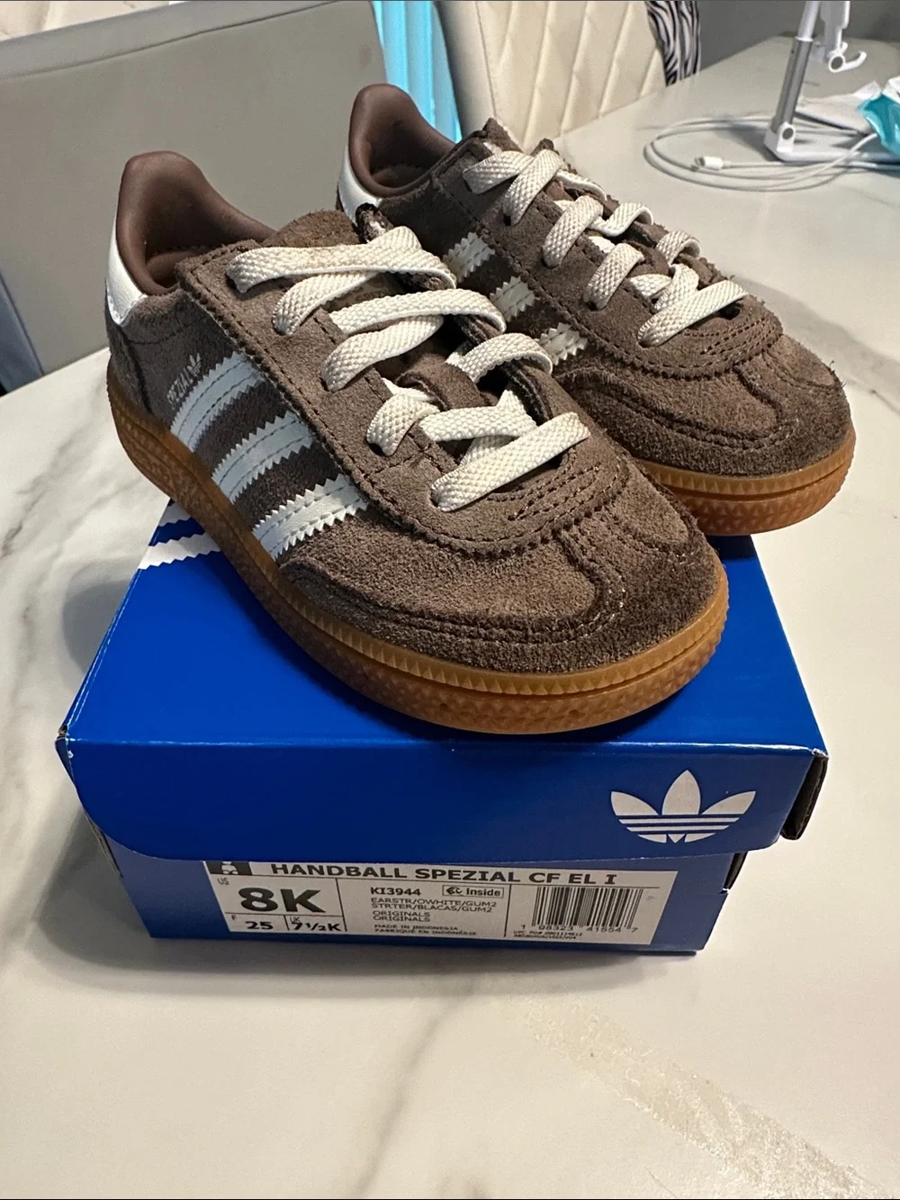 adidas Kids Brown Suede Handball Spezial Sneakers with White Stripes